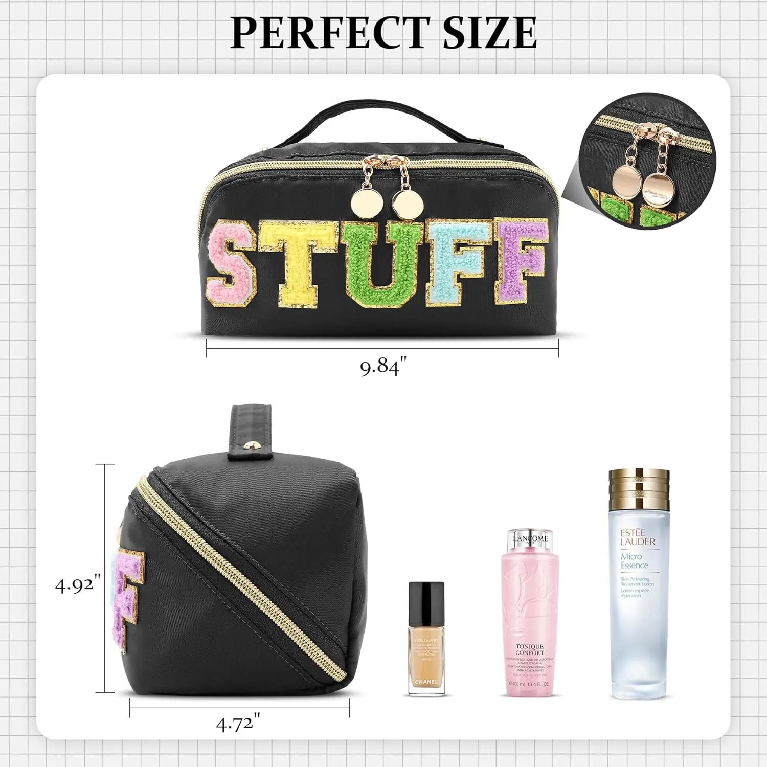 Stoney Clover Preppy Makeup Bag - Large Capacity Travel Cosmetic Bag, Chenille Letter Open Flat Nylon Stuff Bag, Better Belt Everything - Black