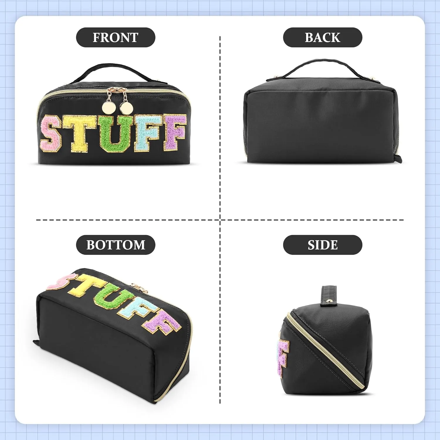 Stoney Clover Preppy Makeup Bag - Large Capacity Travel Cosmetic Bag, Chenille Letter Open Flat Nylon Stuff Bag, Better Belt Everything - Black
