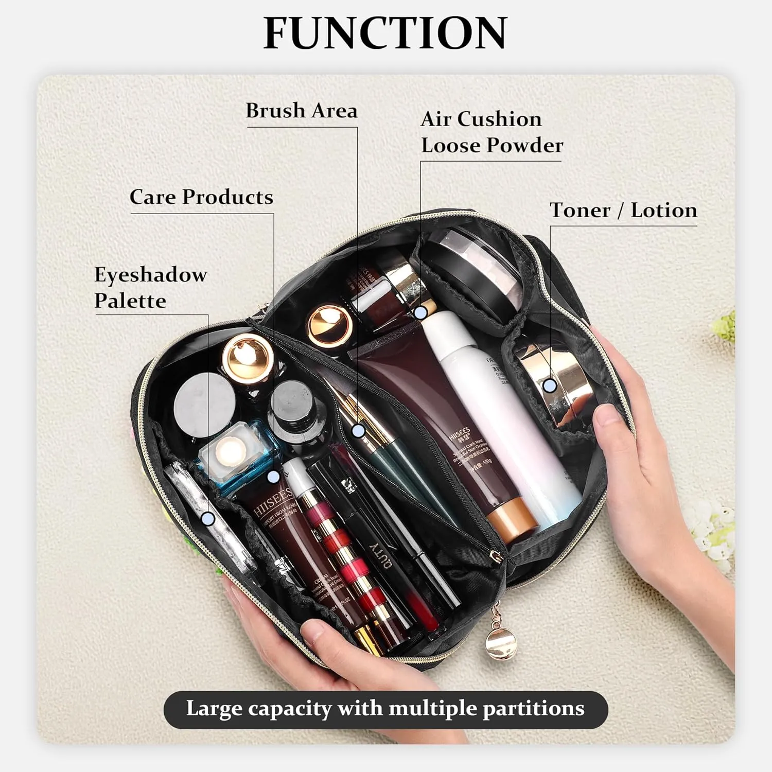 Stoney Clover Preppy Makeup Bag - Large Capacity Travel Cosmetic Bag, Chenille Letter Open Flat Nylon Stuff Bag, Better Belt Everything - Black