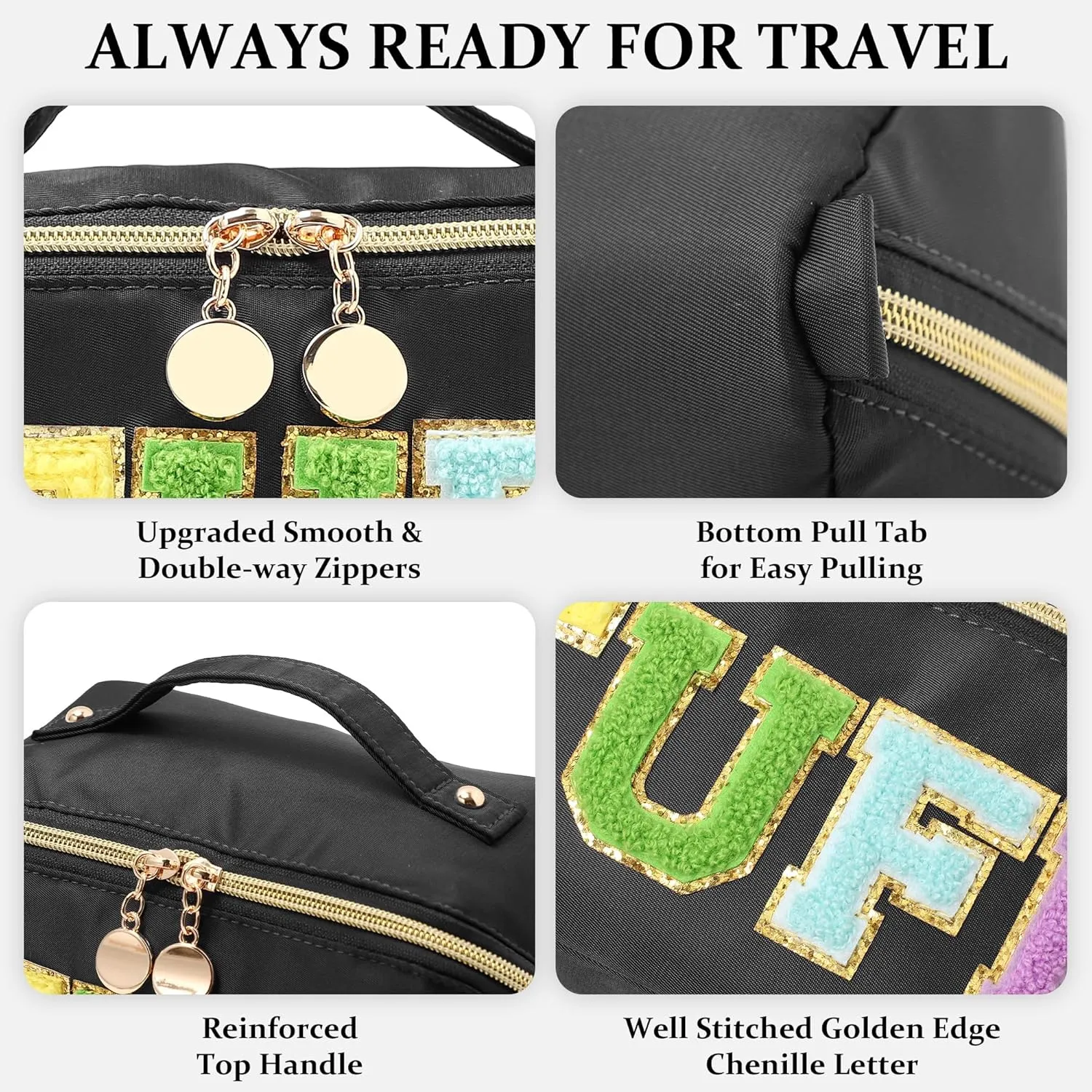 Stoney Clover Preppy Makeup Bag - Large Capacity Travel Cosmetic Bag, Chenille Letter Open Flat Nylon Stuff Bag, Better Belt Everything - Black