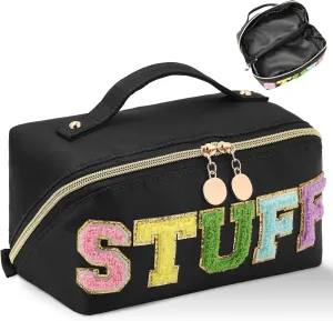 Stoney Clover Preppy Makeup Bag - Large Capacity Travel Cosmetic Bag, Chenille Letter Open Flat Nylon Stuff Bag, Better Belt Everything - Black