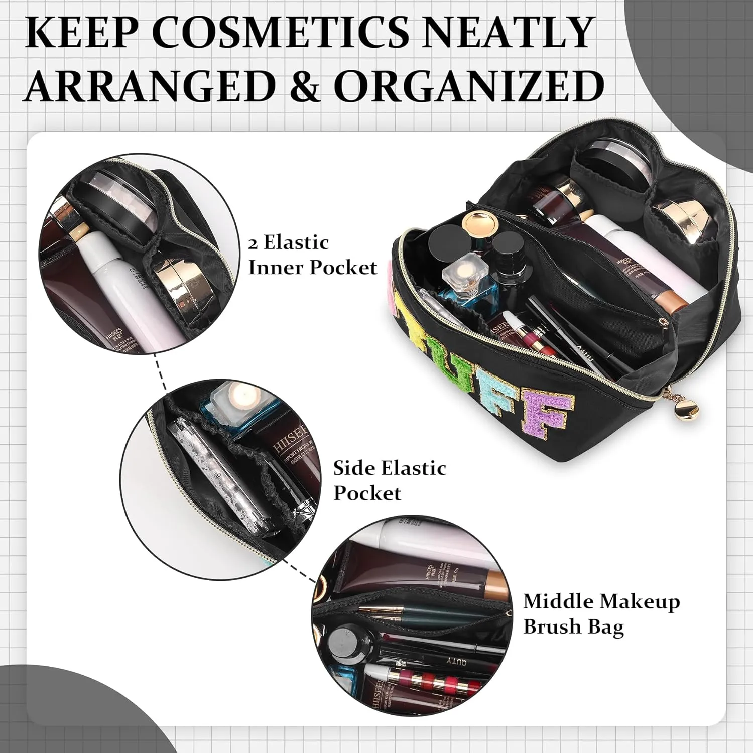Stoney Clover Preppy Makeup Bag - Large Capacity Travel Cosmetic Bag, Chenille Letter Open Flat Nylon Stuff Bag, Better Belt Everything - Black