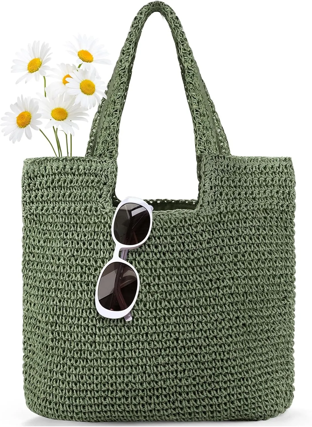 Straw Bag Beach Tote Handbag for Women Large Summer Woven Raffia Bag with Zipper