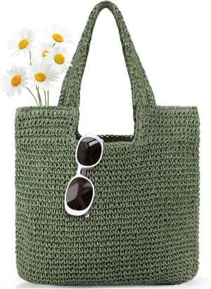 Straw Bag Beach Tote Handbag for Women Large Summer Woven Raffia Bag with Zipper