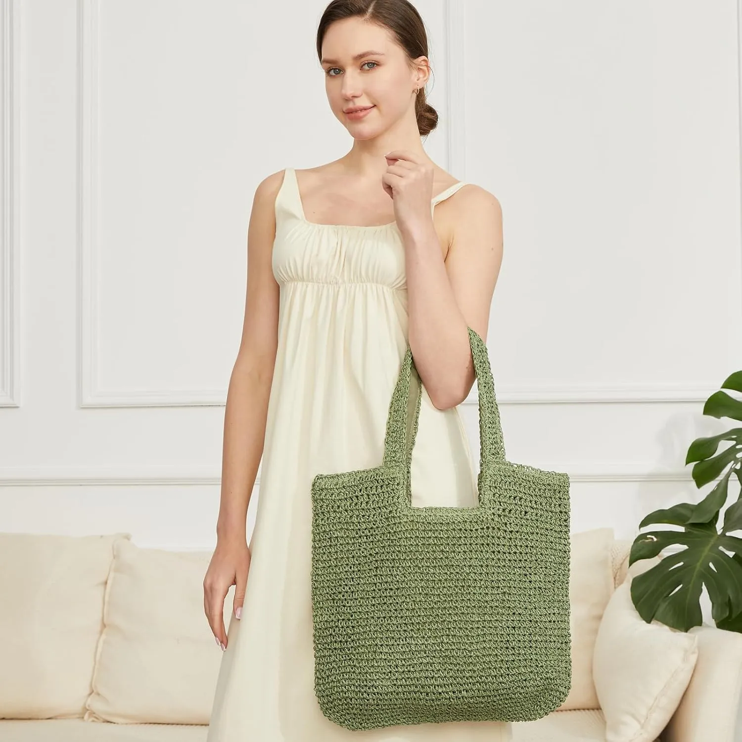 Straw Bag Beach Tote Handbag for Women Large Summer Woven Raffia Bag with Zipper