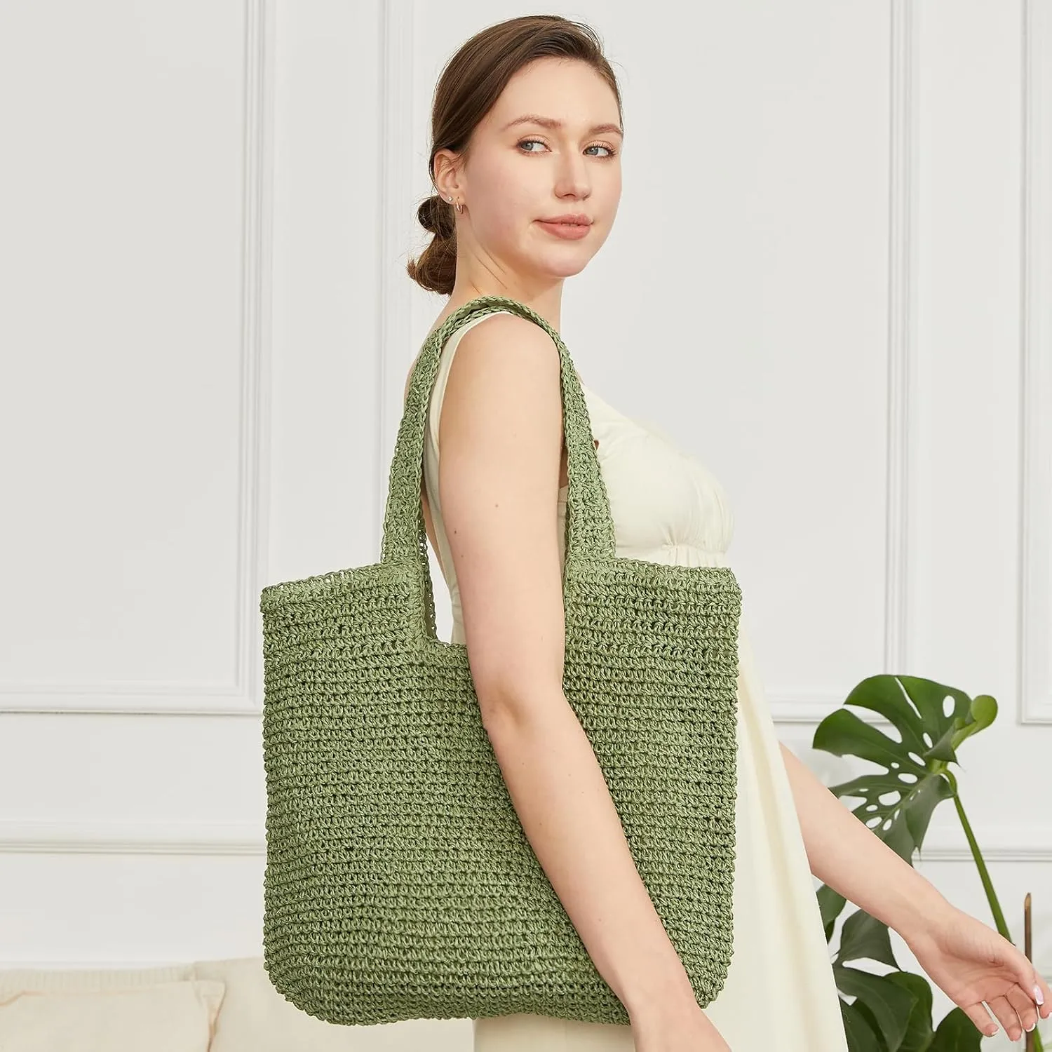 Straw Bag Beach Tote Handbag for Women Large Summer Woven Raffia Bag with Zipper