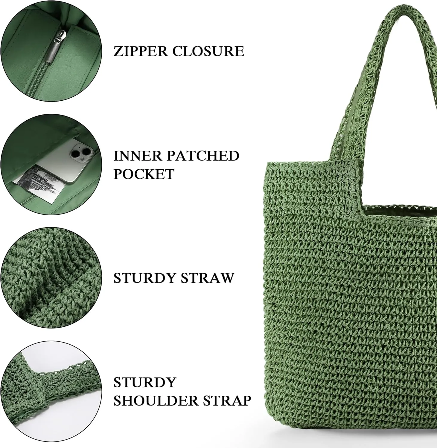 Straw Bag Beach Tote Handbag for Women Large Summer Woven Raffia Bag with Zipper