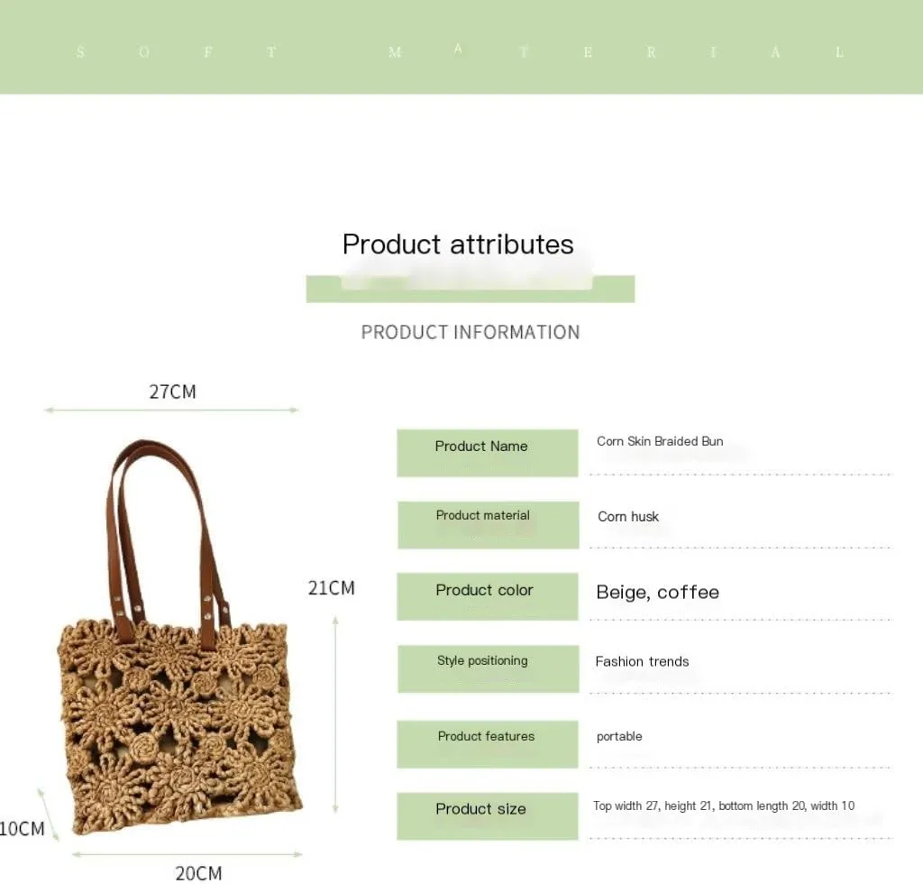 Straw Bag New Hand-woven Straw Bag Hollow Bucket Bag Corn Husk Braid Sewn Handbag In Stock Straw Beach Bag