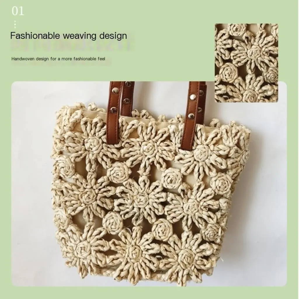 Straw Bag New Hand-woven Straw Bag Hollow Bucket Bag Corn Husk Braid Sewn Handbag In Stock Straw Beach Bag