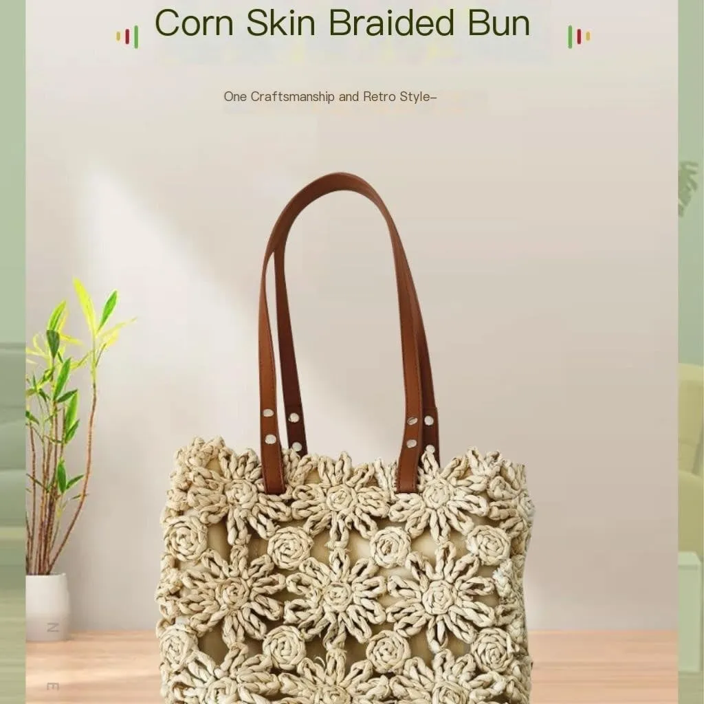 Straw Bag New Hand-woven Straw Bag Hollow Bucket Bag Corn Husk Braid Sewn Handbag In Stock Straw Beach Bag