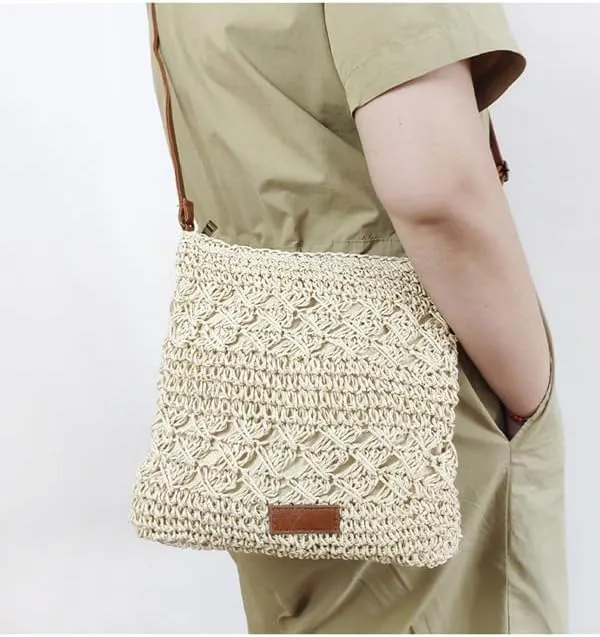 Straw Bags for Women, Fashion Shoulder Top-handle Bag，Hand-Woven Adjustable Crossbody Bags Zipper Beach Bag for Vacation