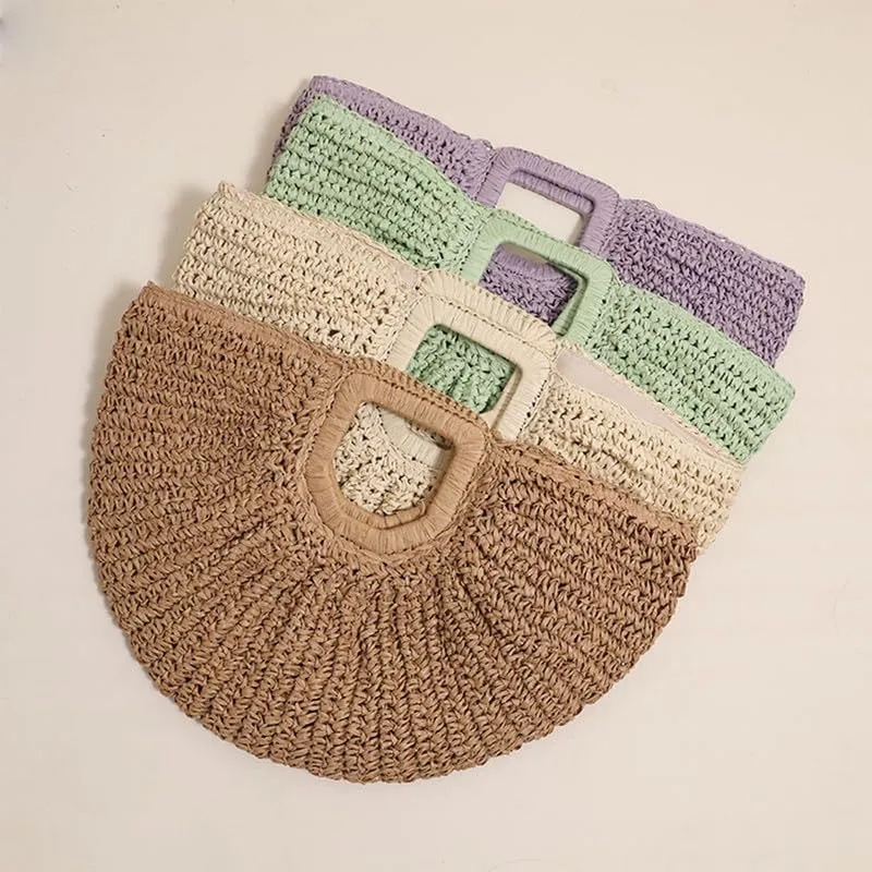 Straw Woven Tote Bag Hand Bags, Purses for Women with Geometric Handles Beach Ladies Handbags Holiday Women's Purse
