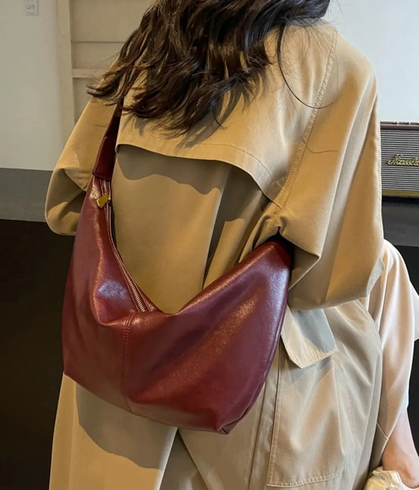 Stylish Crescent Bag for Women PU Leather Satchel Purse Causal Slouchy Bag College Office Shoulder Bag with Adjustable Strap