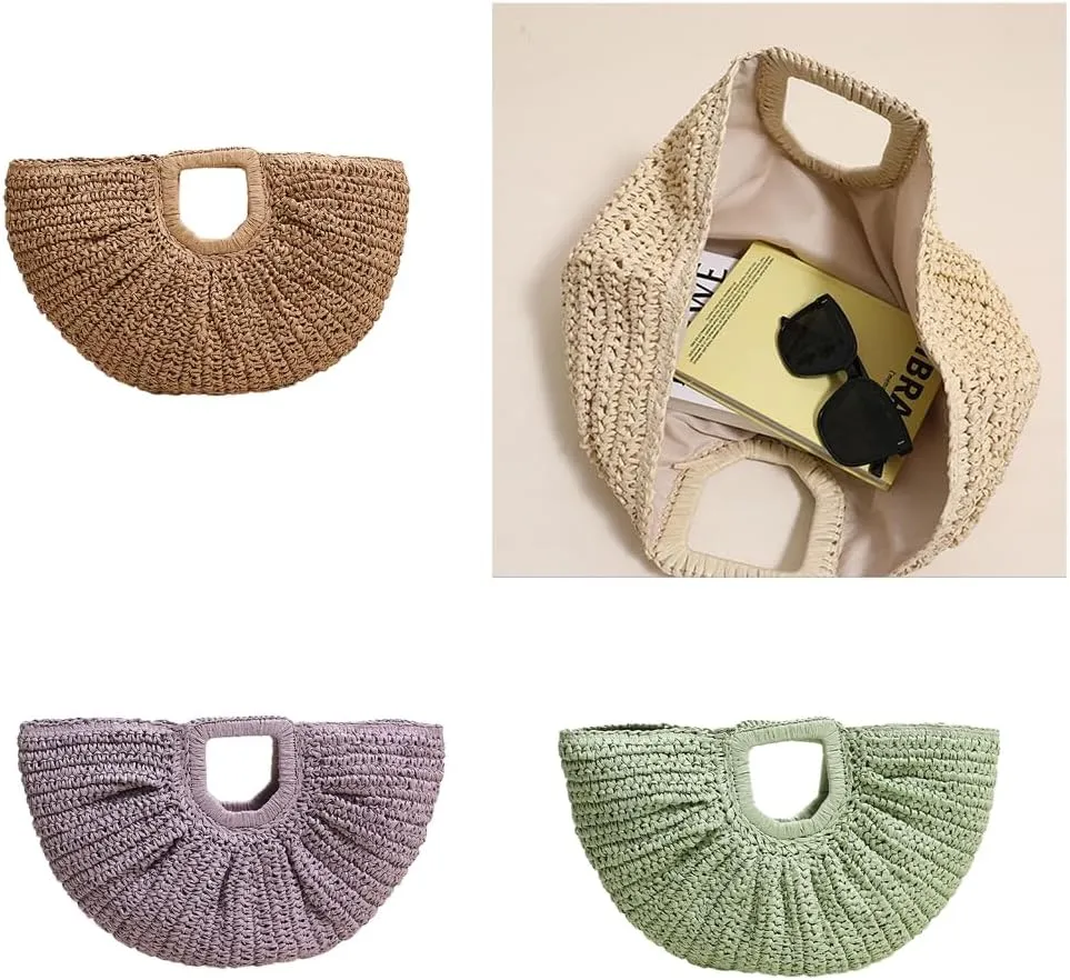 Stylish Woven Beach Bag for Women Evening Purse Large Capacity Handbag with Moon Pattern
