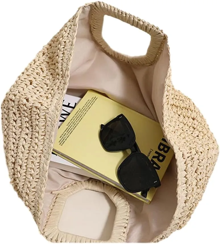 Stylish Woven Beach Bag for Women Evening Purse Large Capacity Handbag with Moon Pattern