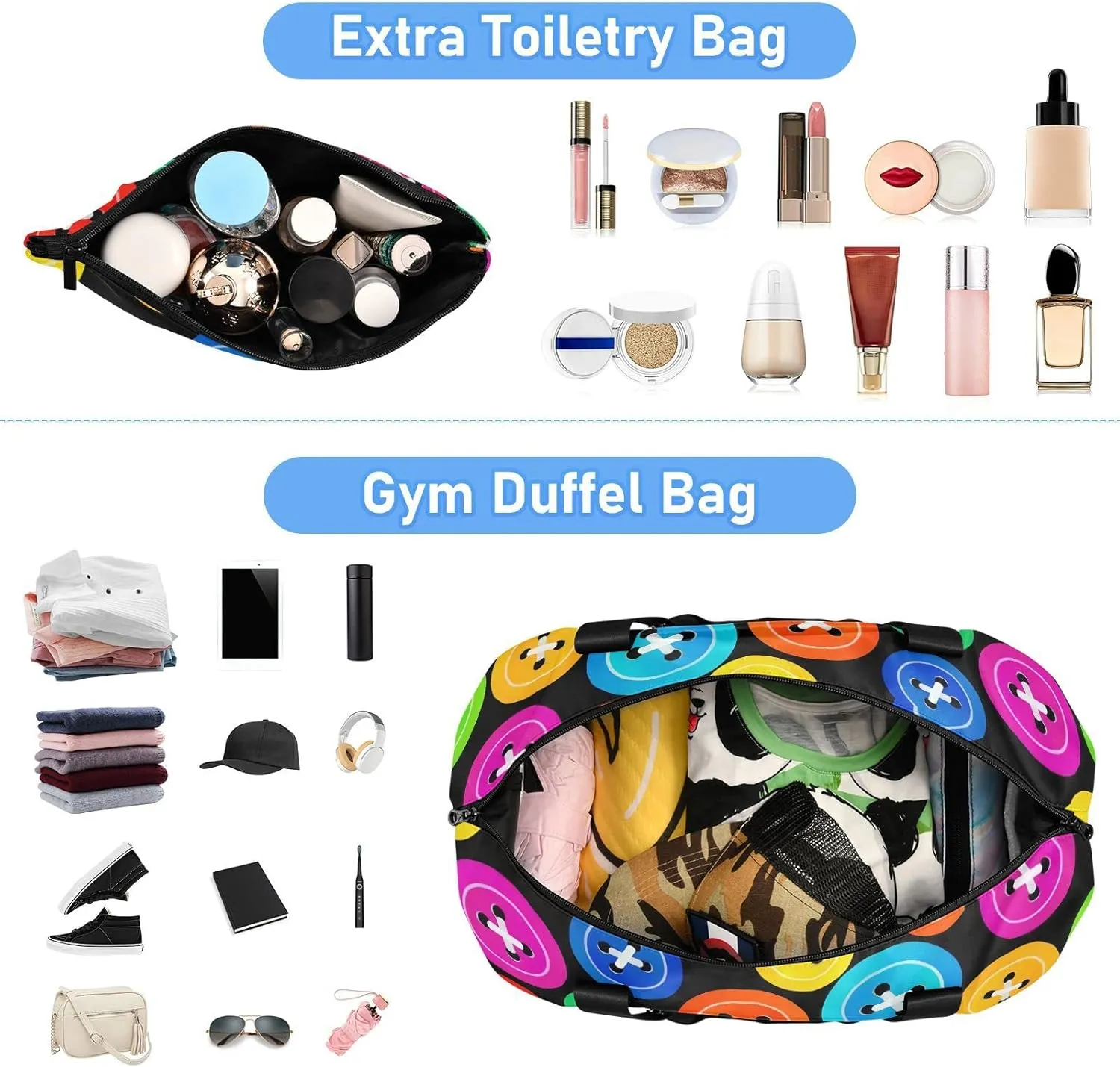 SUABO Travel Duffel Bag, Colorful Buttons Sports Tote Gym Bag for Travel, Shoulder Weekender Overnight Bag for Women Men