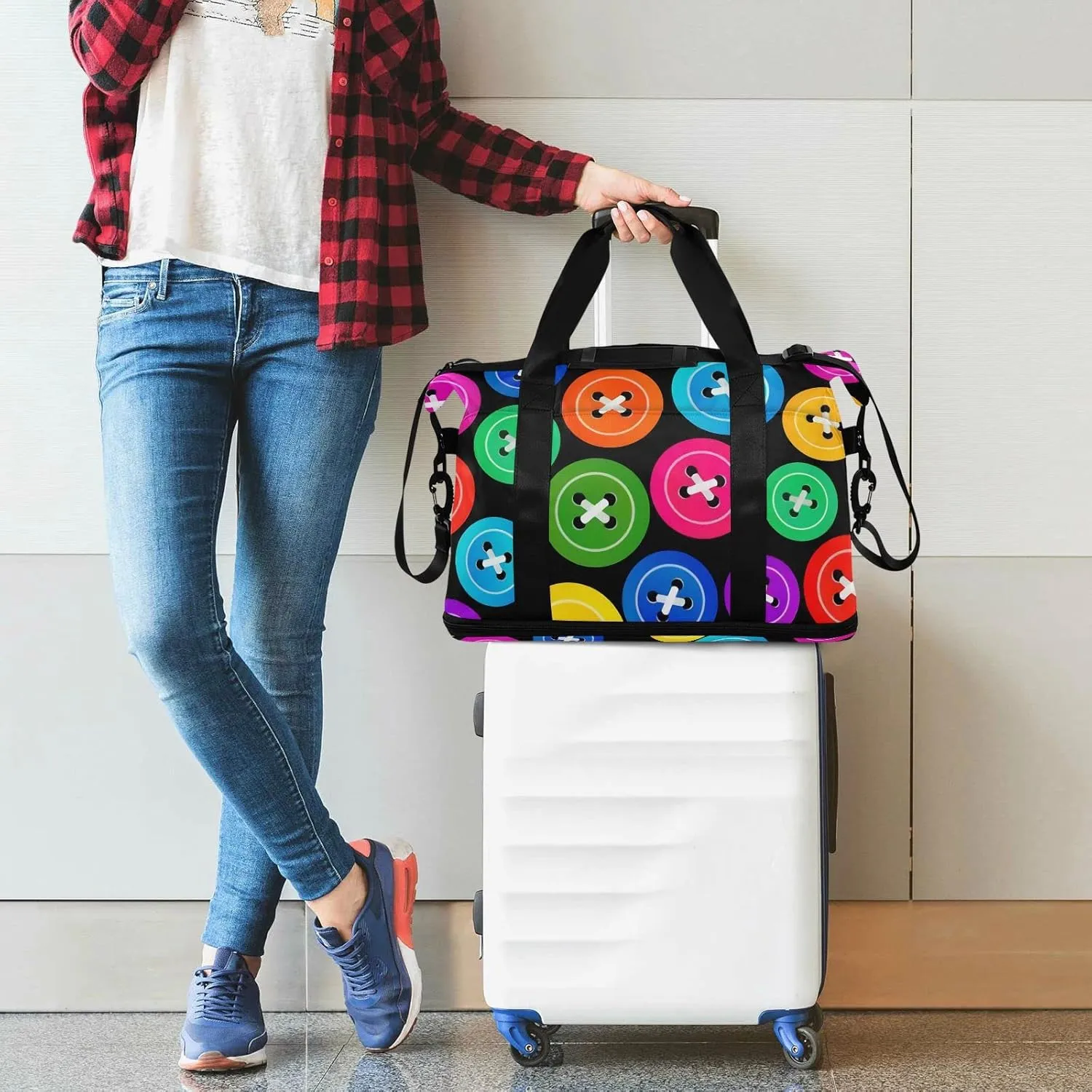 SUABO Travel Duffel Bag, Colorful Buttons Sports Tote Gym Bag for Travel, Shoulder Weekender Overnight Bag for Women Men