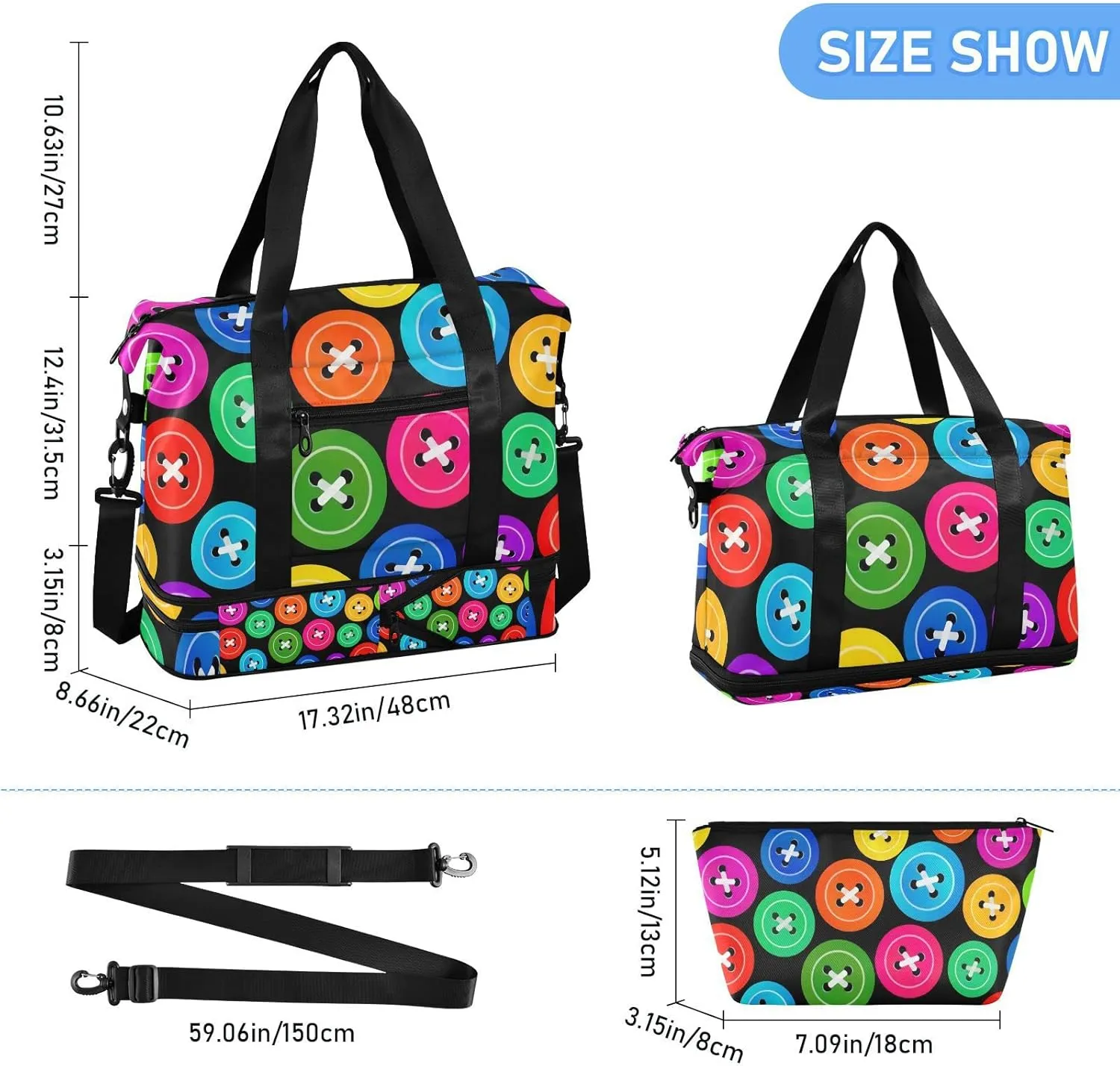 SUABO Travel Duffel Bag, Colorful Buttons Sports Tote Gym Bag for Travel, Shoulder Weekender Overnight Bag for Women Men