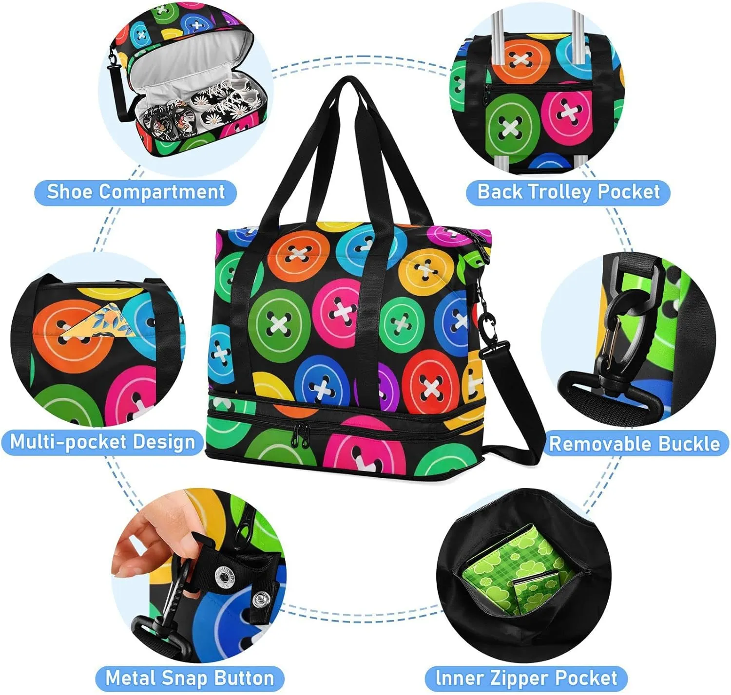 SUABO Travel Duffel Bag, Colorful Buttons Sports Tote Gym Bag for Travel, Shoulder Weekender Overnight Bag for Women Men