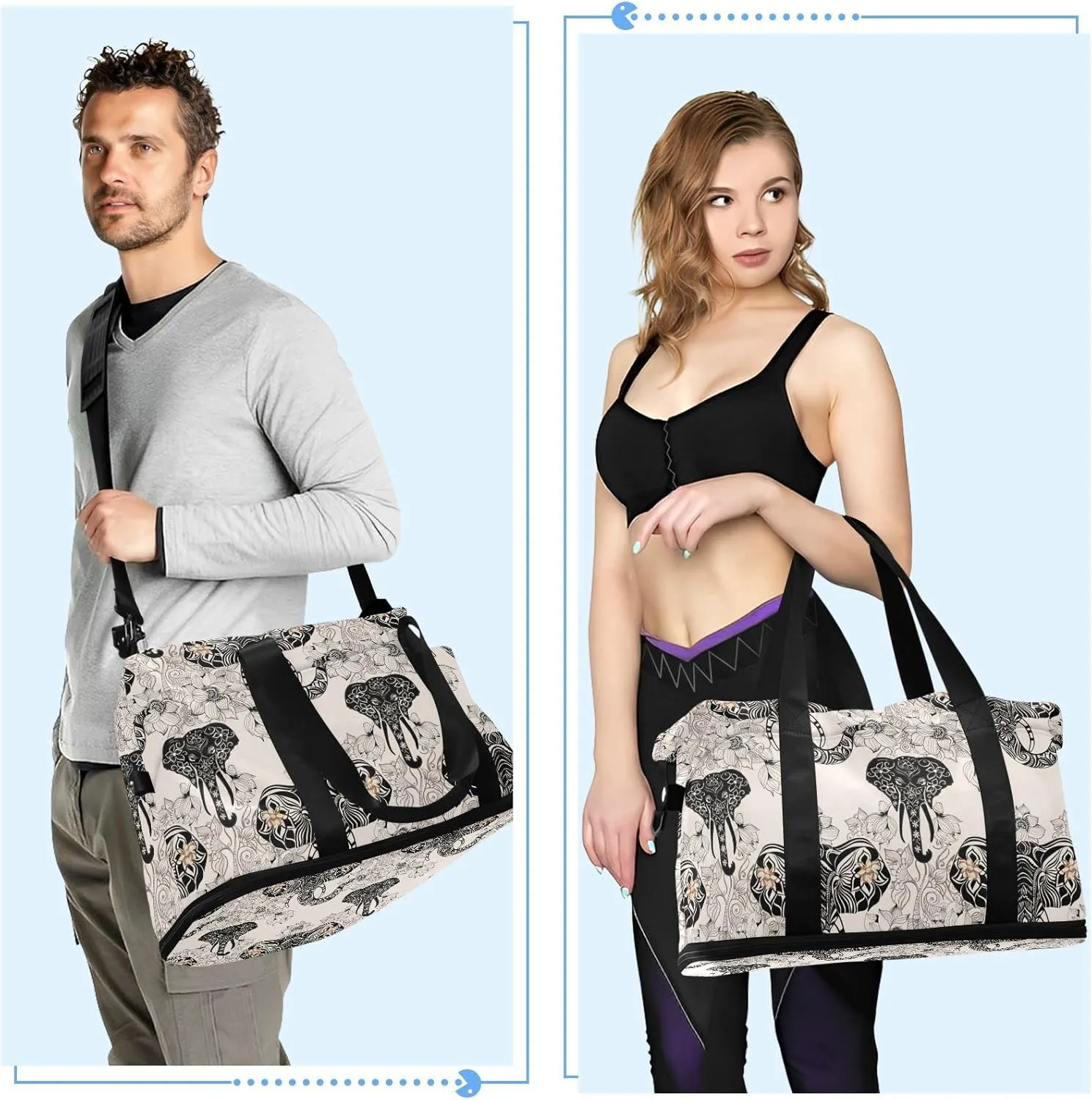 SUABO Travel Duffel Bag, Elephant Head Sports Tote Gym Bag for Travel, Shoulder Weekender Overnight Bag for Women Men