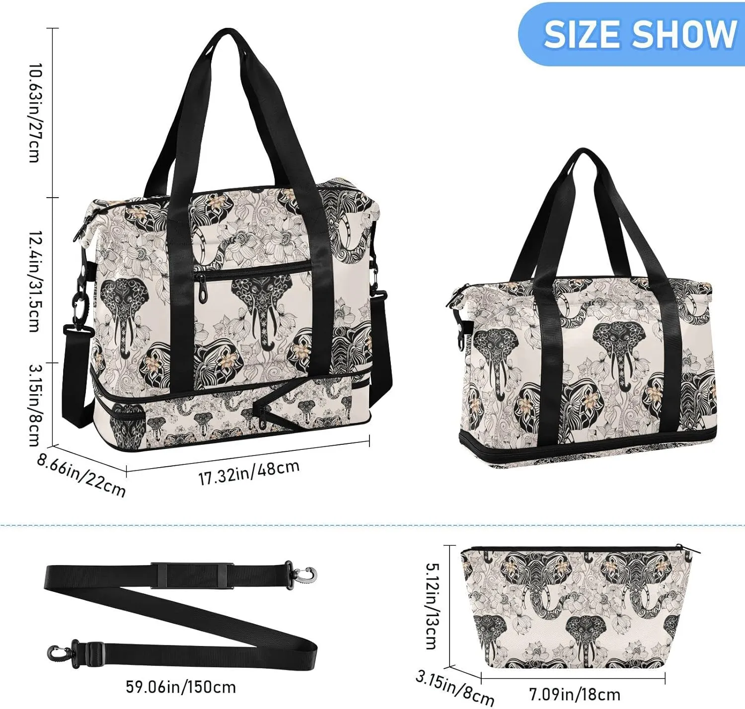 SUABO Travel Duffel Bag, Elephant Head Sports Tote Gym Bag for Travel, Shoulder Weekender Overnight Bag for Women Men