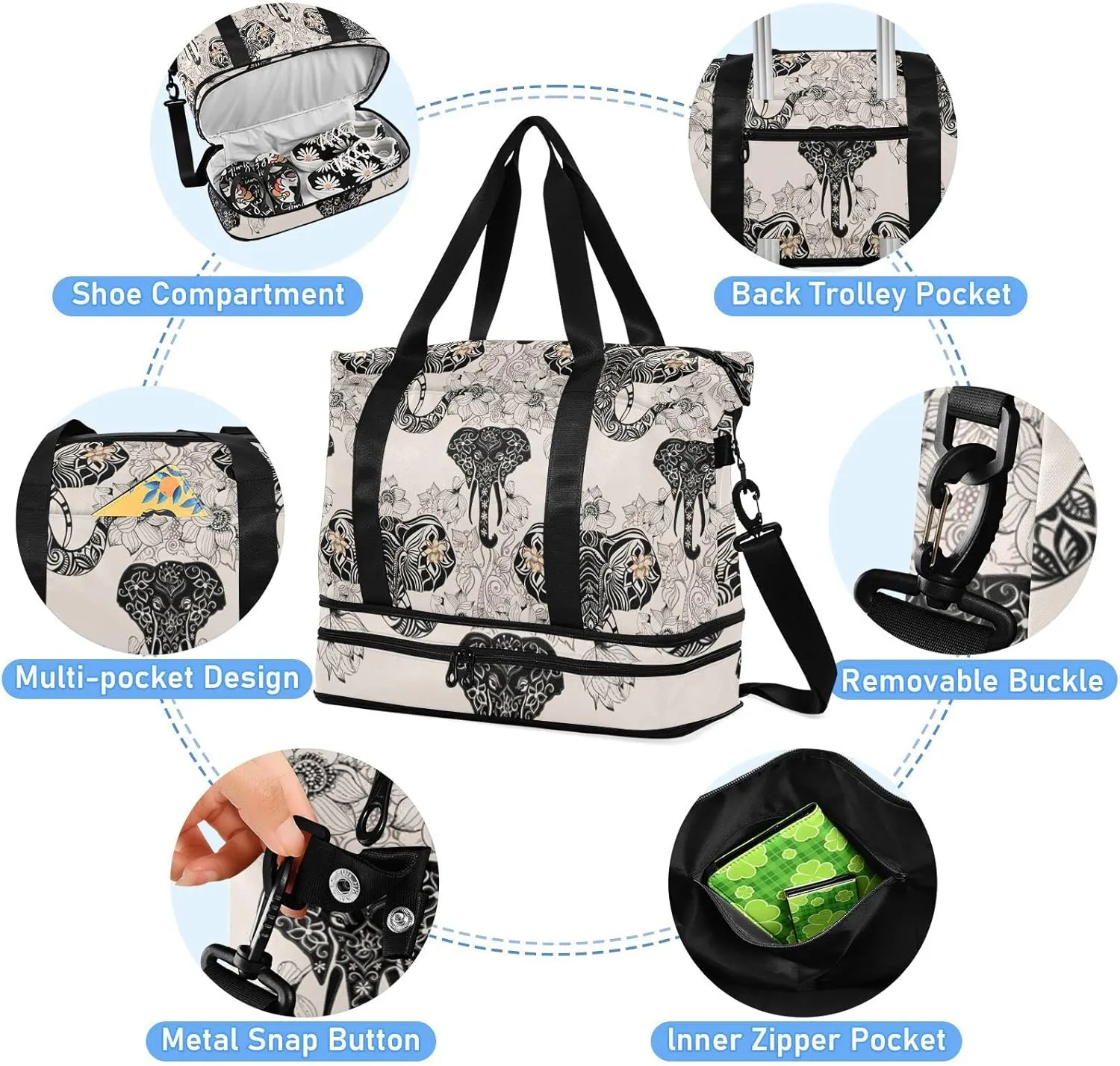 SUABO Travel Duffel Bag, Elephant Head Sports Tote Gym Bag for Travel, Shoulder Weekender Overnight Bag for Women Men