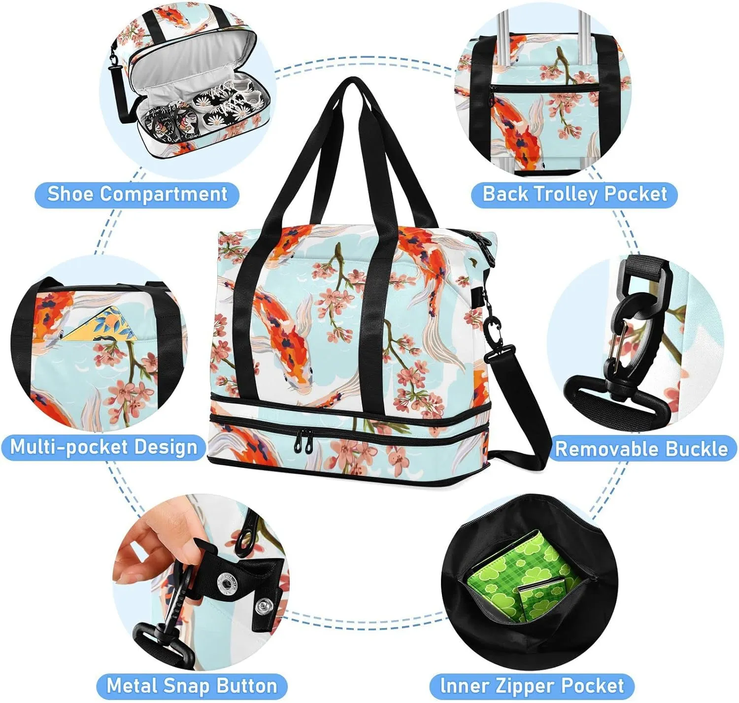 SUABO Travel Duffel Bag, Koi Fish Sports Tote Gym Bag for Travel, Shoulder Weekender Overnight Bag for Women Men