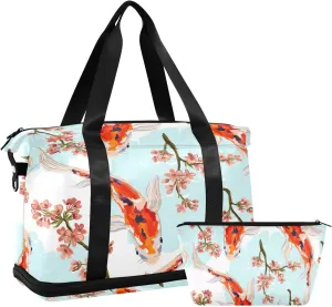 SUABO Travel Duffel Bag, Koi Fish Sports Tote Gym Bag for Travel, Shoulder Weekender Overnight Bag for Women Men