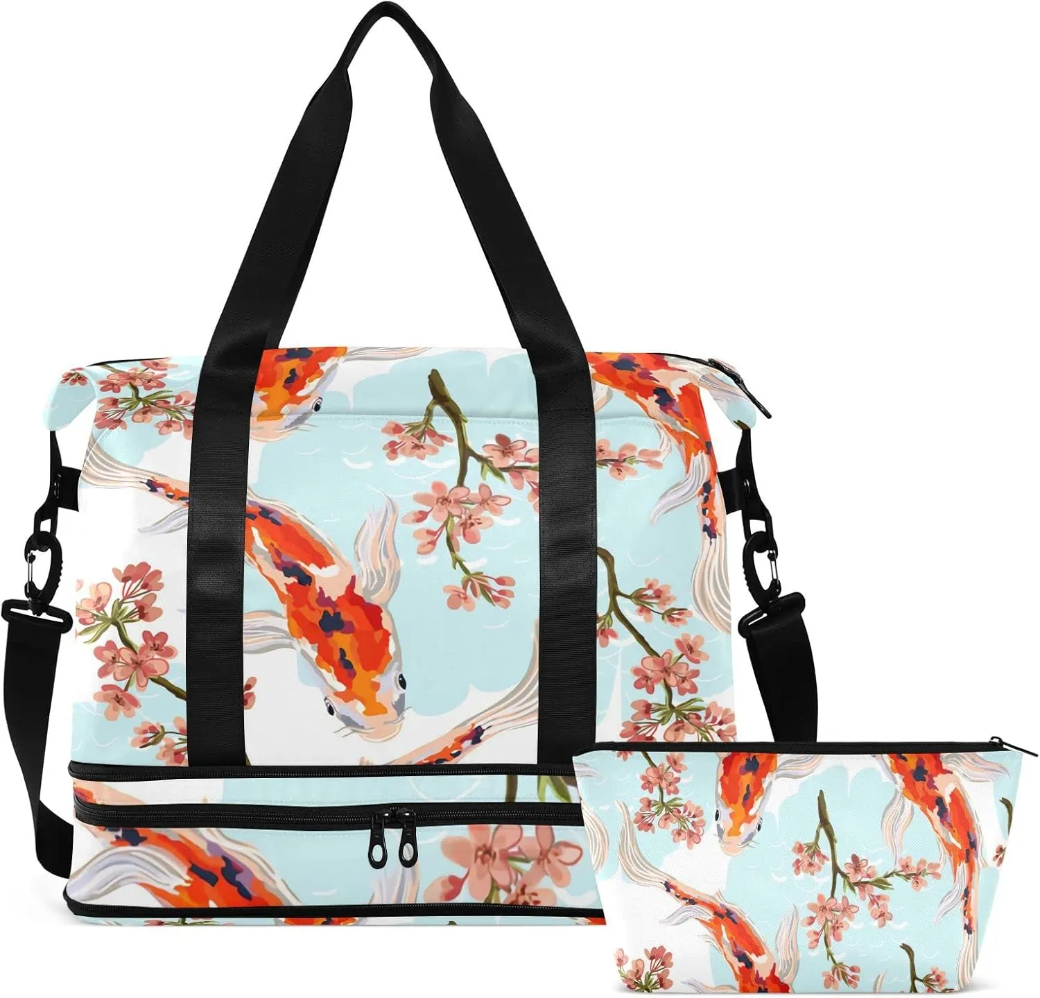 SUABO Travel Duffel Bag, Koi Fish Sports Tote Gym Bag for Travel, Shoulder Weekender Overnight Bag for Women Men