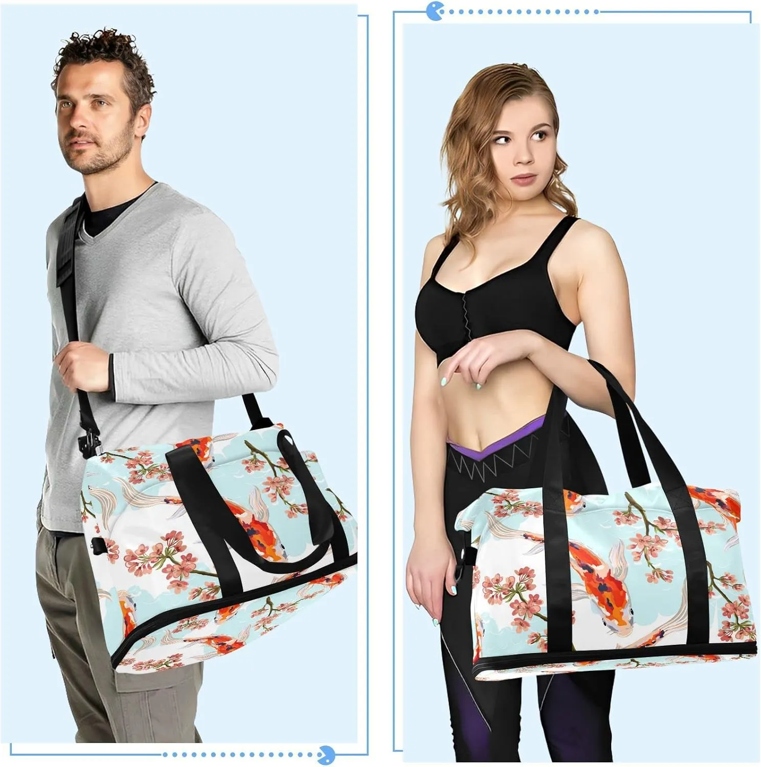 SUABO Travel Duffel Bag, Koi Fish Sports Tote Gym Bag for Travel, Shoulder Weekender Overnight Bag for Women Men