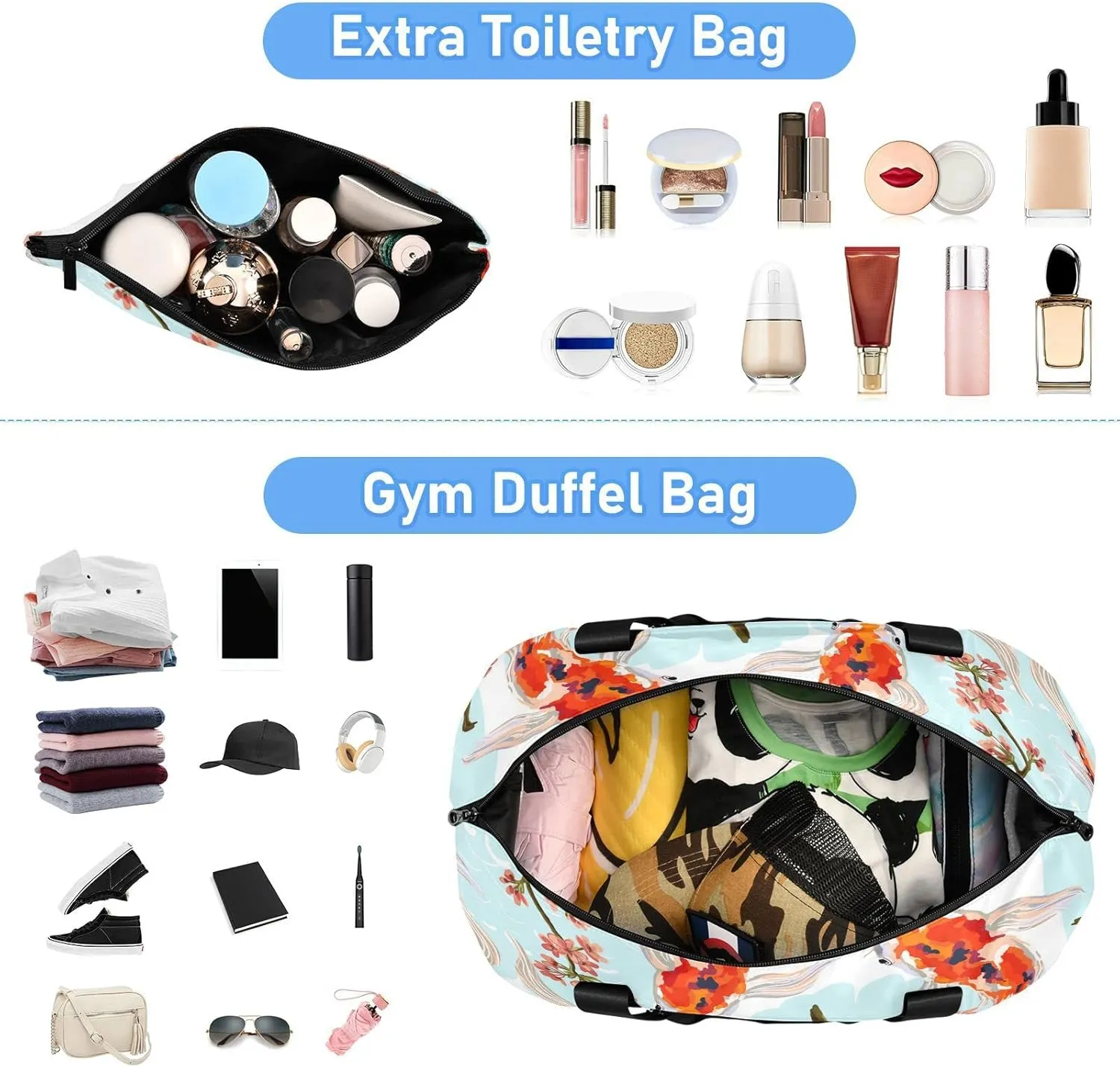 SUABO Travel Duffel Bag, Koi Fish Sports Tote Gym Bag for Travel, Shoulder Weekender Overnight Bag for Women Men