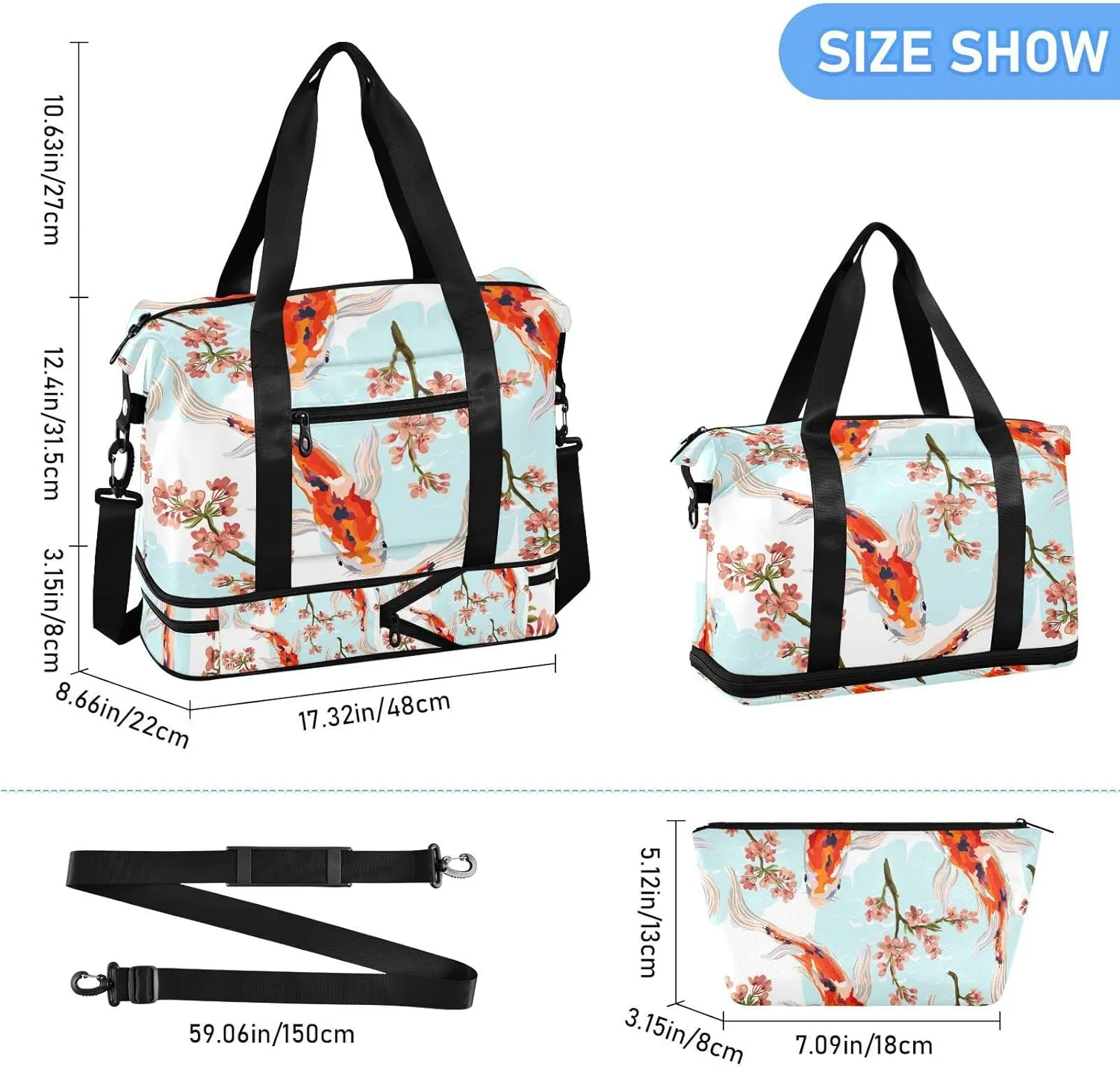SUABO Travel Duffel Bag, Koi Fish Sports Tote Gym Bag for Travel, Shoulder Weekender Overnight Bag for Women Men
