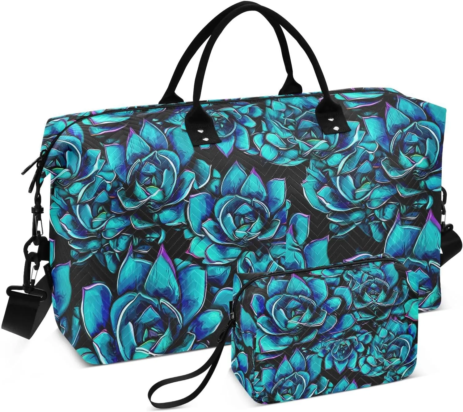 Succulents Plant Dark Teal Sports Gym Bag for Women Men Travel Duffel Bag Weekend Overnight Carry on Bag with Toiletry Bag Training Handbag for Hospital Plane Swimming Yoga Workout