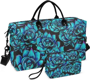 Succulents Plant Dark Teal Sports Gym Bag for Women Men Travel Duffel Bag Weekend Overnight Carry on Bag with Toiletry Bag Training Handbag for Hospital Plane Swimming Yoga Workout