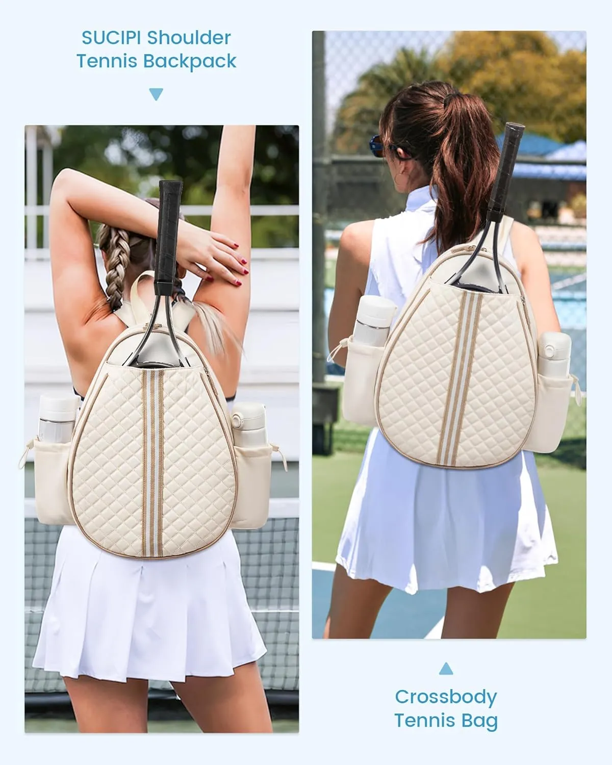 Sucipi Tennis Bag, Quilted Tennis Sling Crossbody Backpack, Water Resistant Tennis Racket Bags for Women Men, Suitable for Pickleball Tennis Badminton