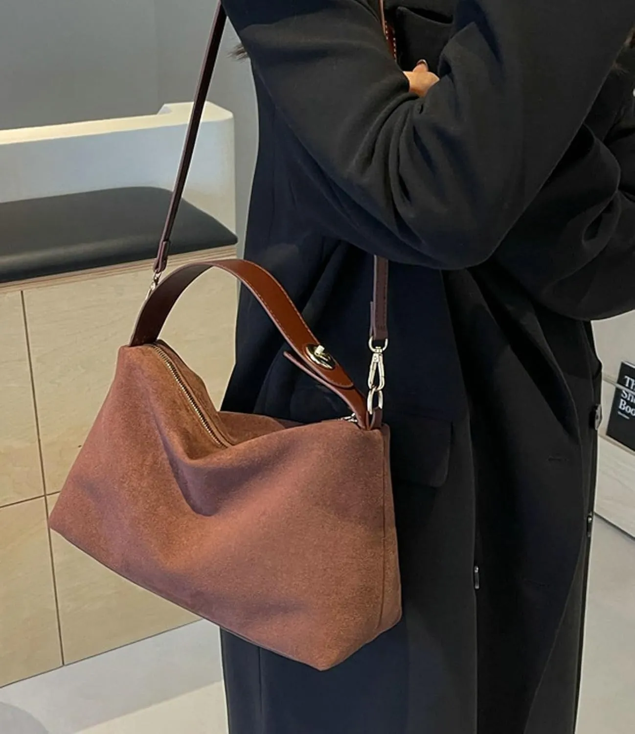 Suede Bag Slouchy Shoulder Bag for Women Crescent Satchel Crossbody Purse Brown Suede Bag Work Tote Handbags
