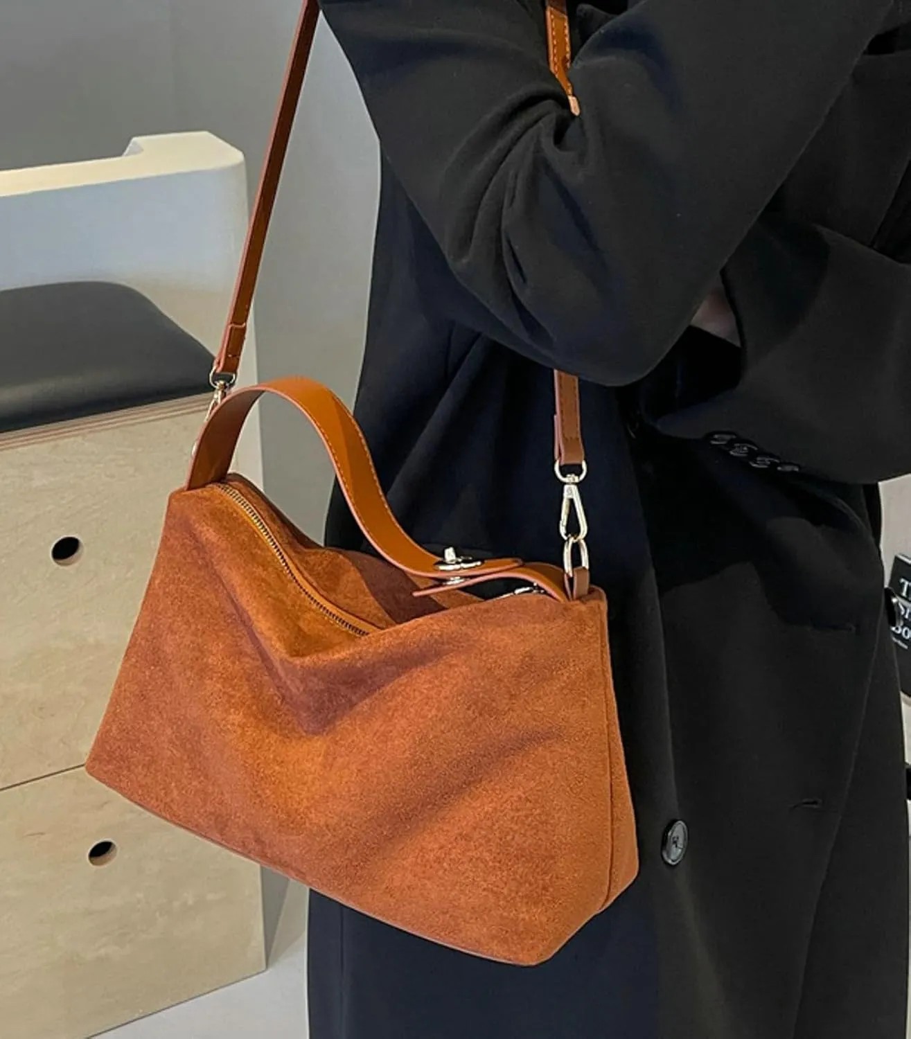 Suede Bag Slouchy Shoulder Bag for Women Crescent Satchel Crossbody Purse Brown Suede Bag Work Tote Handbags