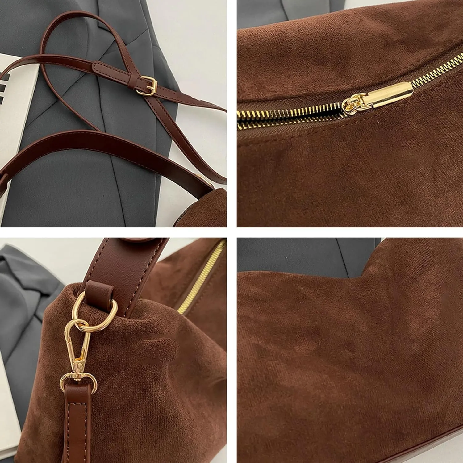 Suede Bag Slouchy Shoulder Bag for Women Crescent Satchel Crossbody Purse Brown Suede Bag Work Tote Handbags