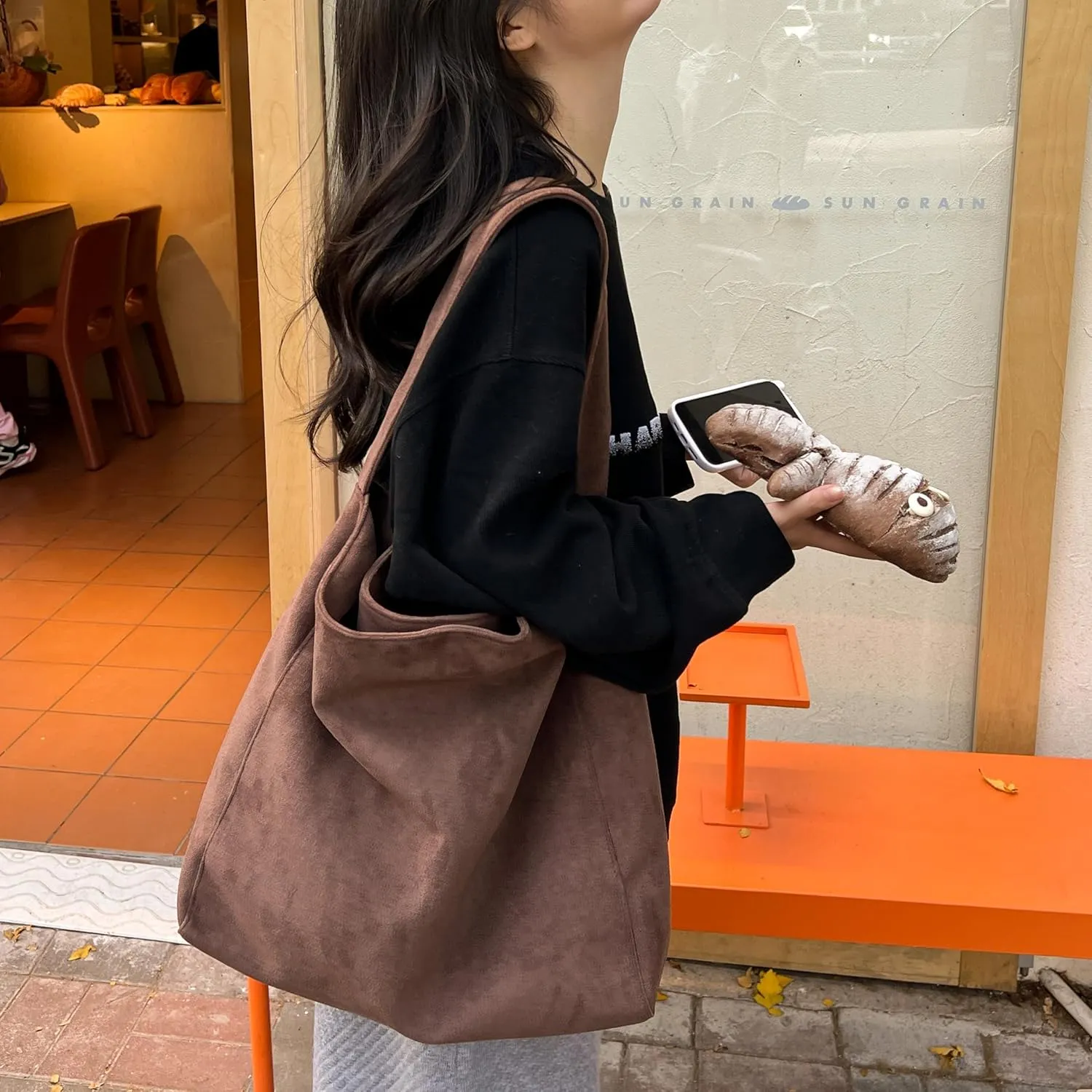 Suede Bags for Women Brown Suede Hobo Handbag Slouchy Bag Faux Suede Tote Bag Retro Suede Shoulder Bag Fall Purse