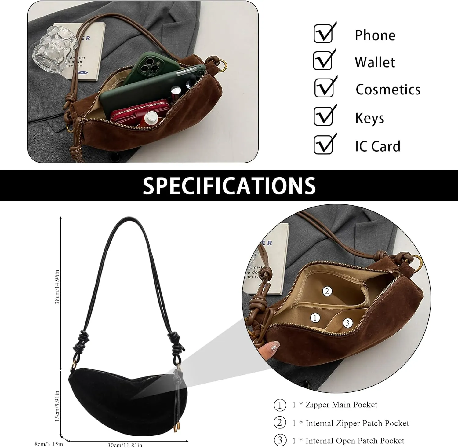 Suede Bags for Women Suede Purses Crescent Bag Crossbody Shoulder Bag Trendy Tote Handbags