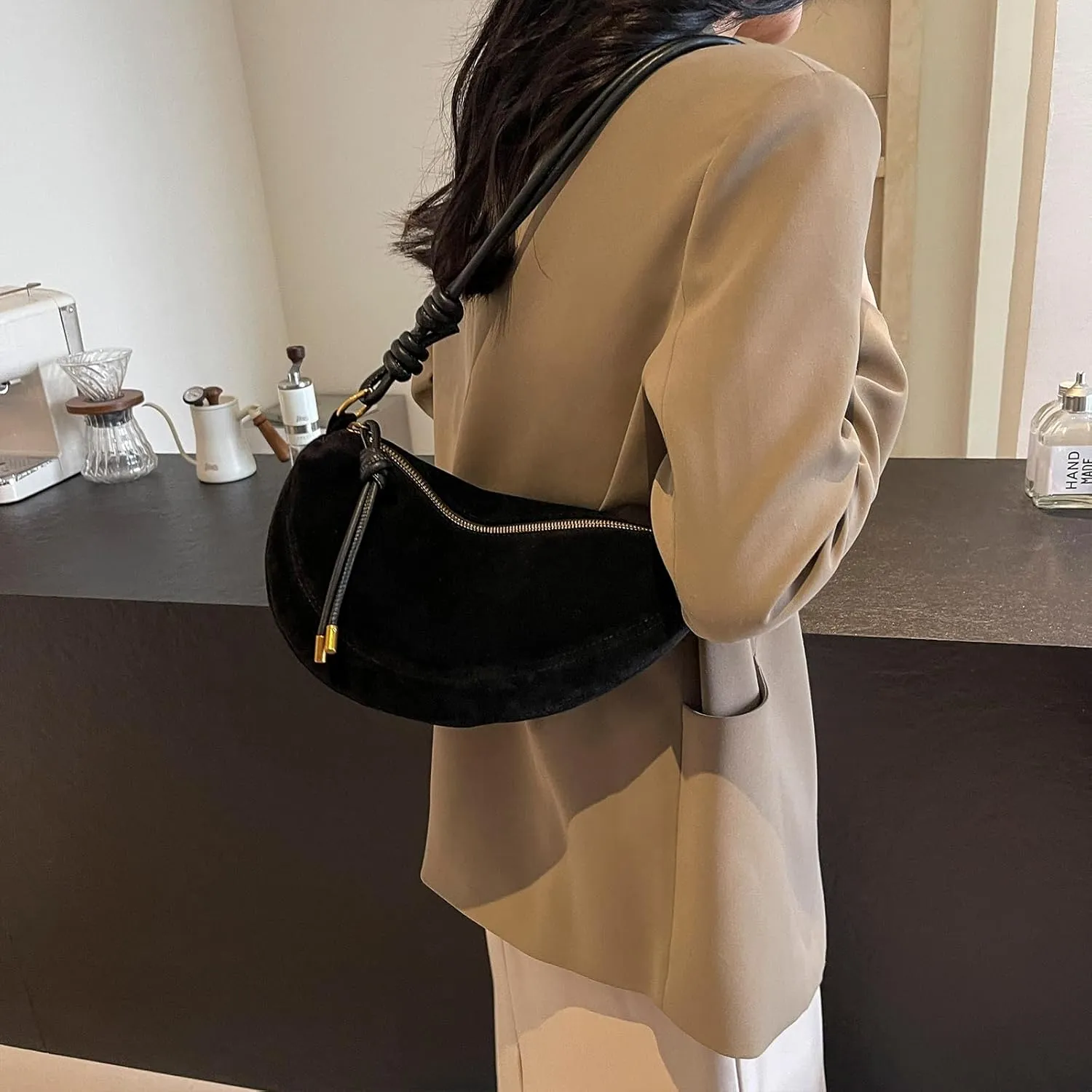 Suede Bags for Women Suede Purses Crescent Bag Crossbody Shoulder Bag Trendy Tote Handbags