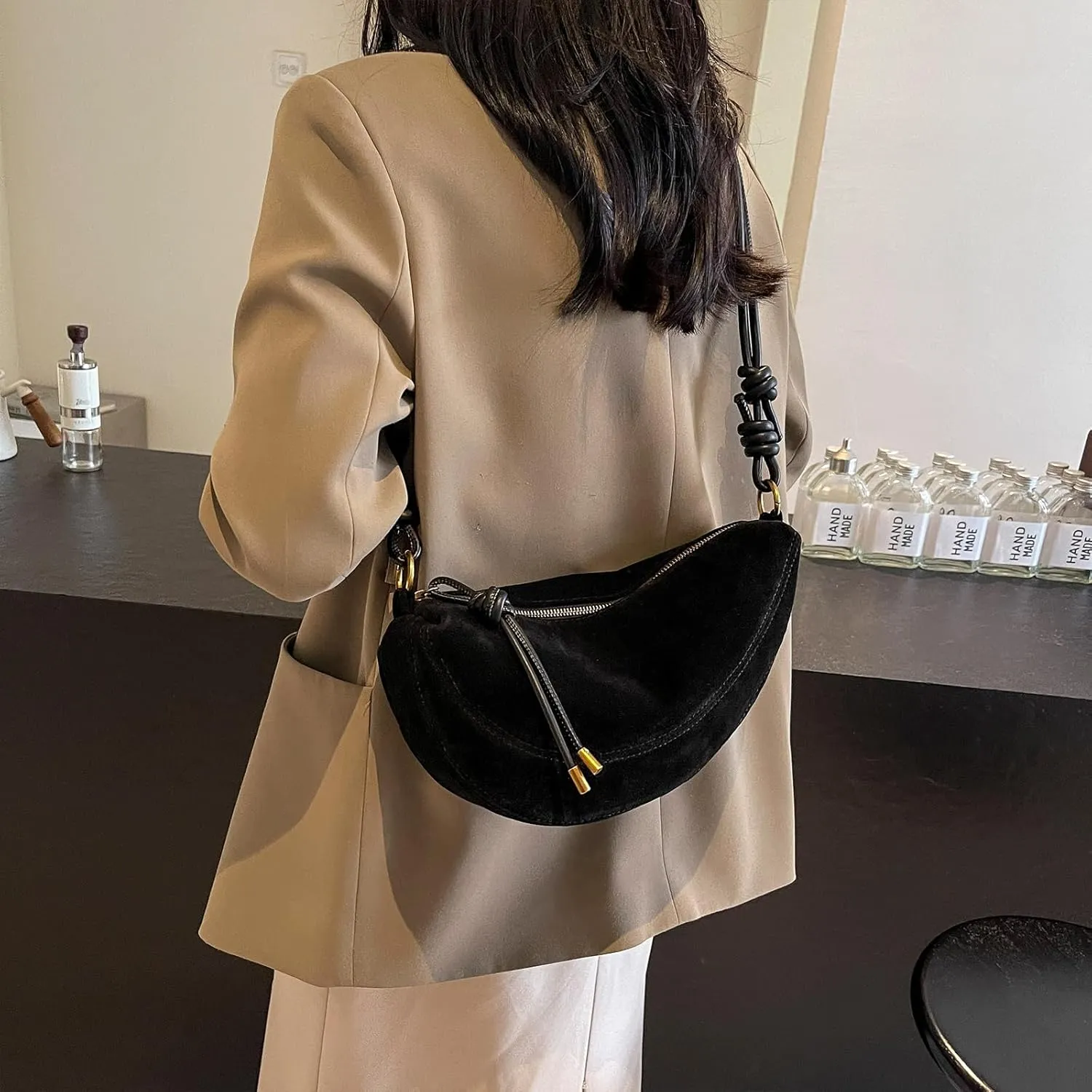 Suede Bags for Women Suede Purses Crescent Bag Crossbody Shoulder Bag Trendy Tote Handbags