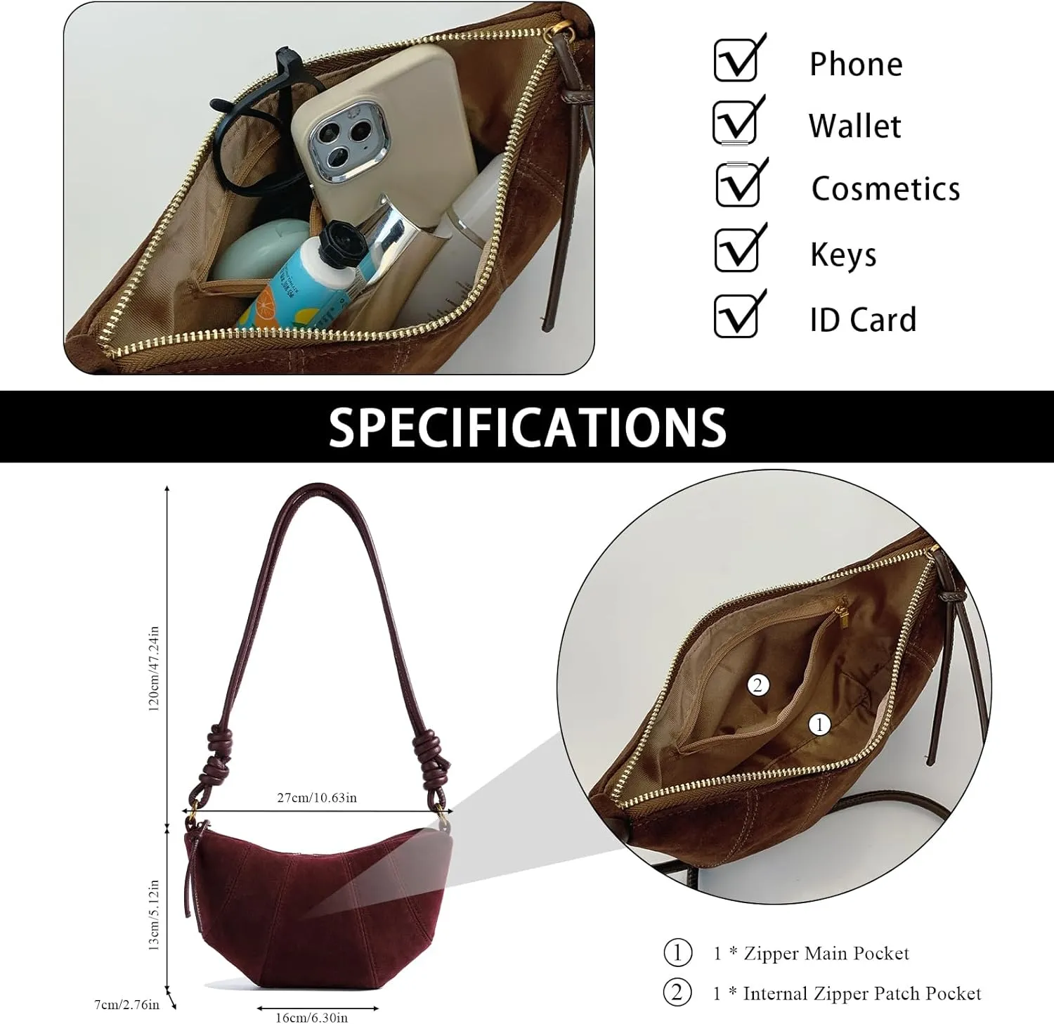 Suede Bags for Women Suede Purses Crescent Bag Crossbody Shoulder Bag Trendy Tote Handbags