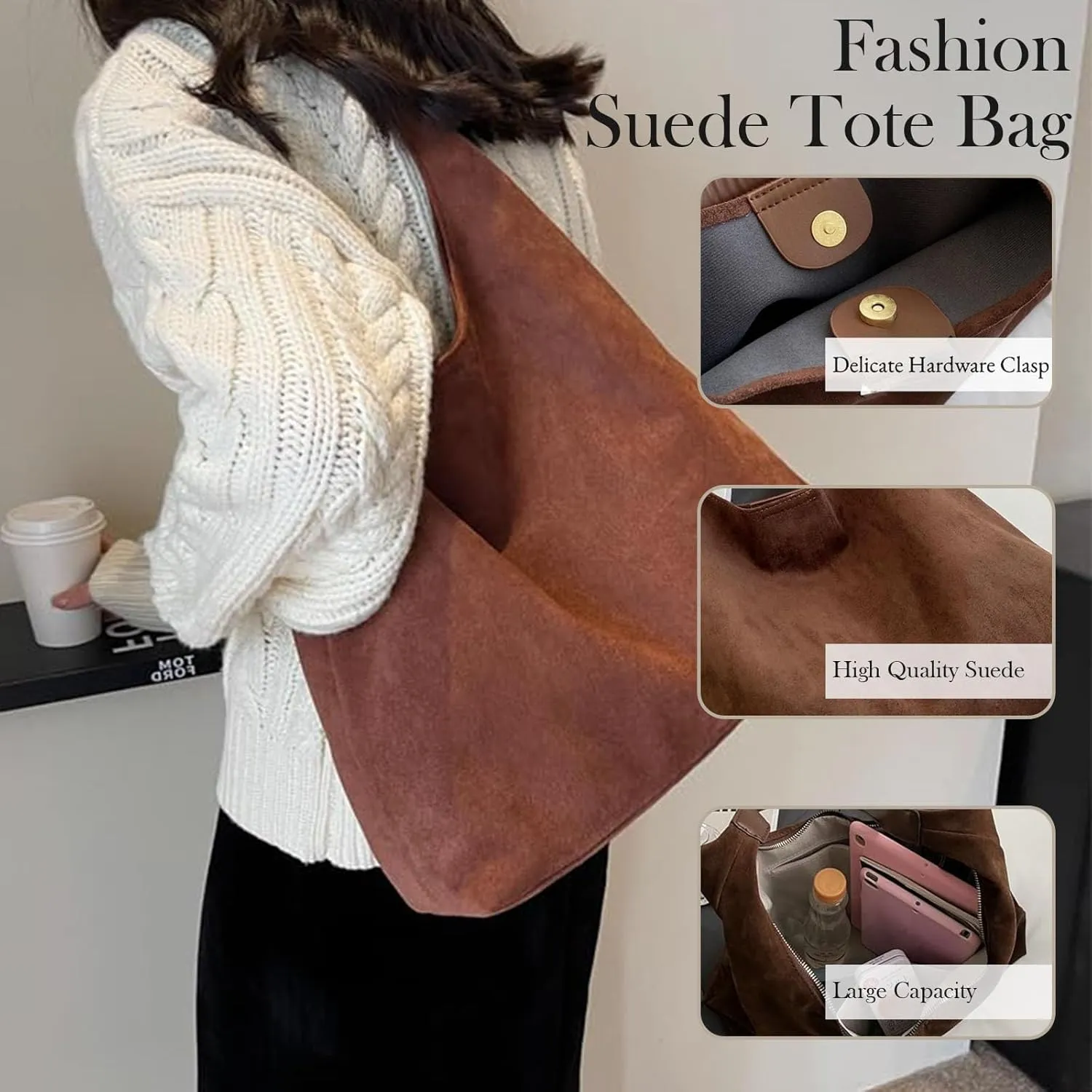 Suede Bags for Women Trendy Brown Suede Purses Hobo Handbag Leather Crossbody Bags for Shopping Party
