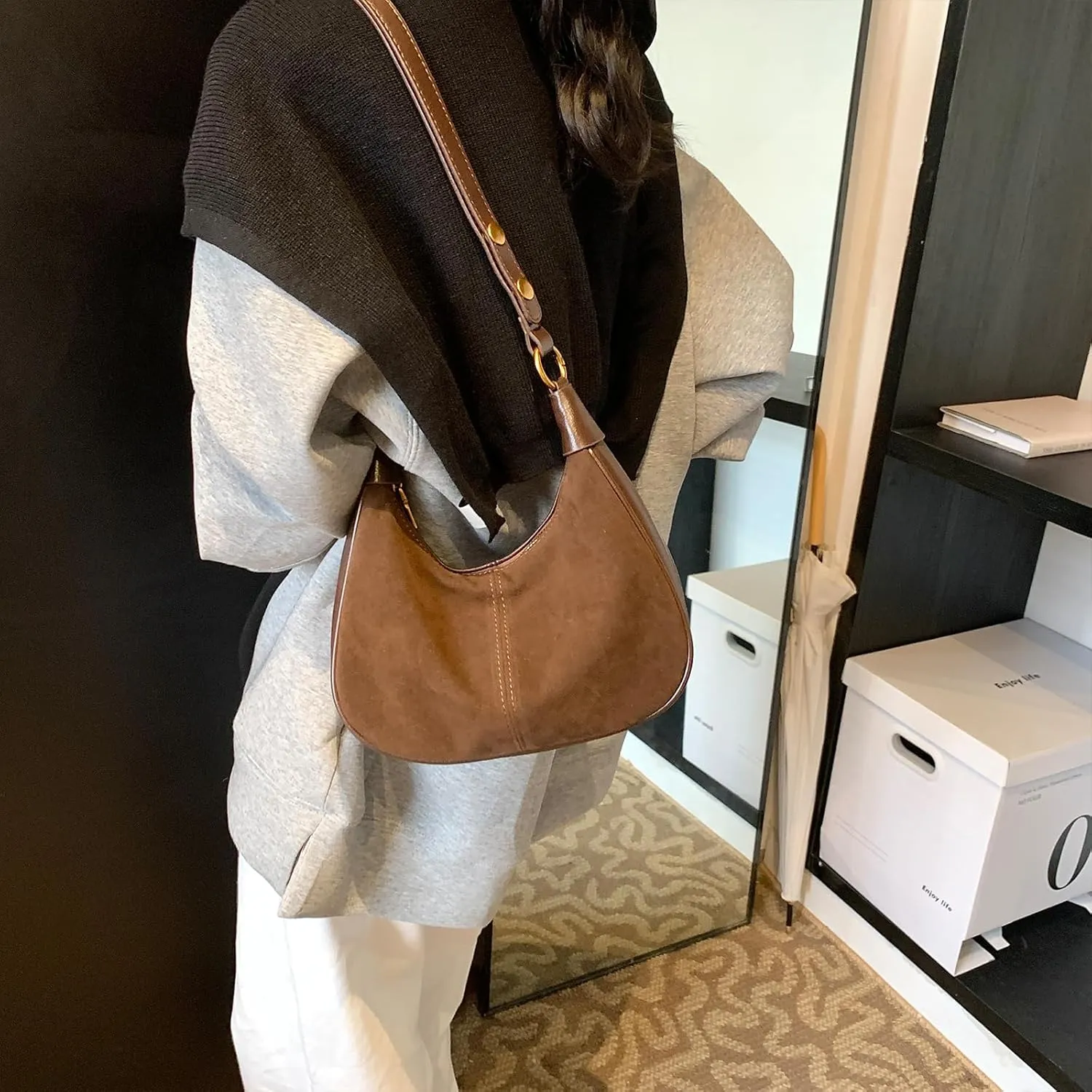 Suede Bags for Women Trendy Suede Purses Hobo Crescent Crossbody Shoulder Bag
