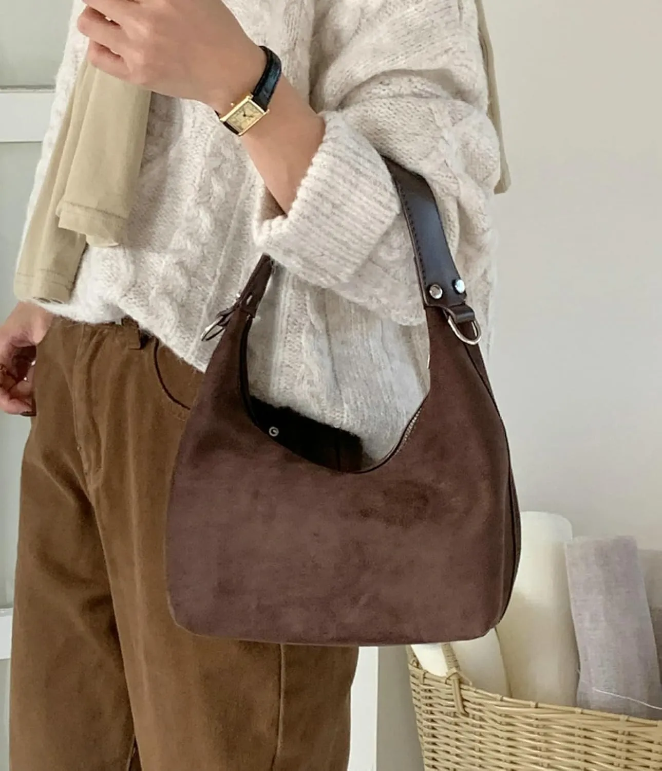 Suede Crescent Bag Women 2025 Retro Suede Slouchy Bag Fall Work Handbag Shoulder Bag Slouchy Tote Underarm Purse