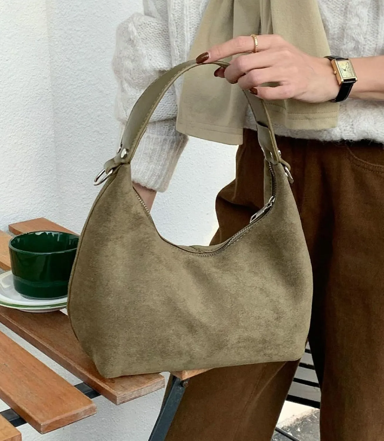 Suede Crescent Bag Women 2025 Retro Suede Slouchy Bag Fall Work Handbag Shoulder Bag Slouchy Tote Underarm Purse