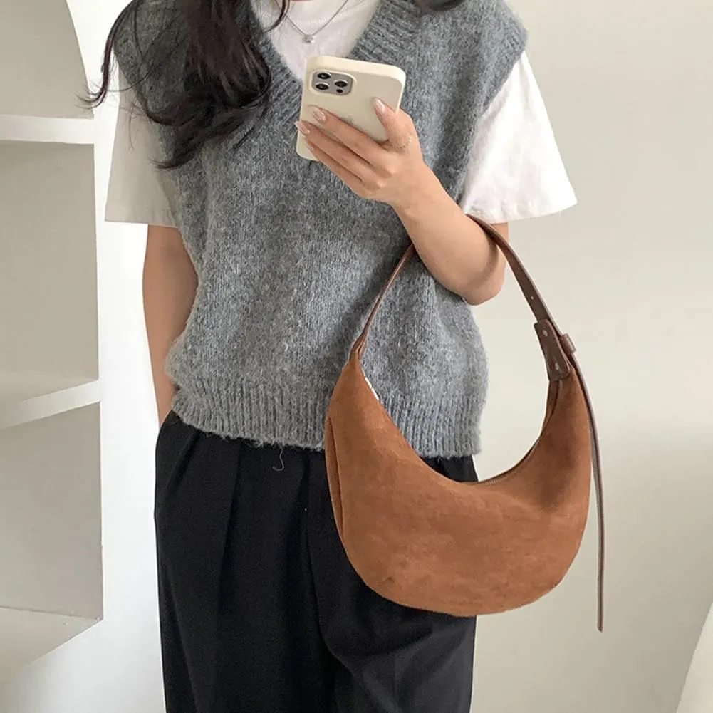 Suede Crescent Half Moon Hobo Slouchy Shoulder Handbag Purse Clutch Work Office Bag