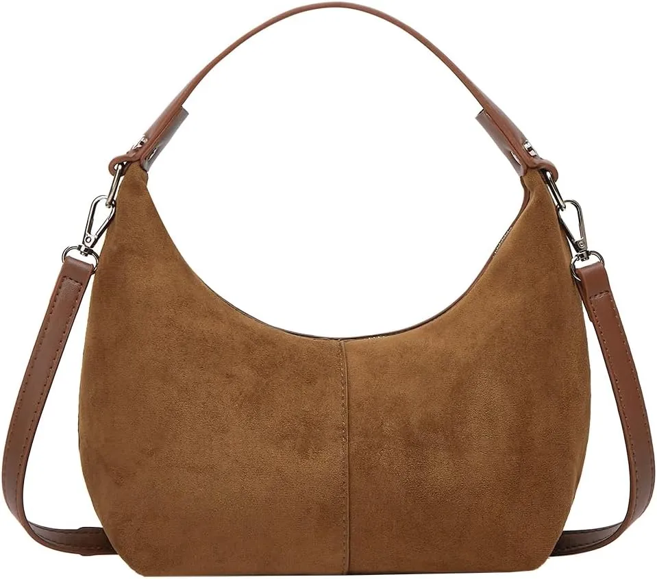 Suede Crescent Tote Bags for Women Vintage Shoulder Bag Brown Suede Handbag Casual Crossbody Bag Travel Work Purse