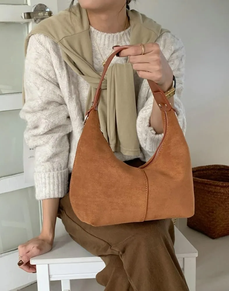 Suede Crescent Tote Bags for Women Vintage Shoulder Bag Brown Suede Handbag Casual Crossbody Bag Travel Work Purse